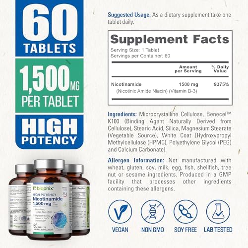 biophix B-3 Nicotinamide 1500 mg 60 Tablets Maximum Strength - Nicotinic Amide Niacin Natural Flush-Free Vitamin Formula - Supports Skin Cell Health