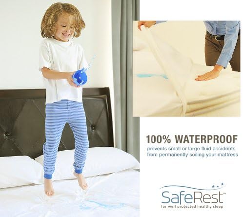 SafeRest Waterproof Queen Size Mattress Protector | Fitted with Stretchable Pockets, Machine Washable Cotton Blend Mattress Cover for Bed