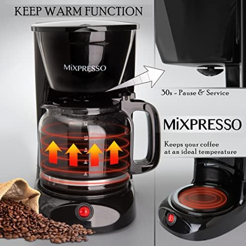 Mixpresso 5 Cup Drip Coffee Maker, Coffee Pot with Reusable Filter, Black | Glass Carafe Coffee Machine with Auto-Off, Anti-Drip, Water Window and Easy On/Off Switch for Convenient Everyday Brewing
