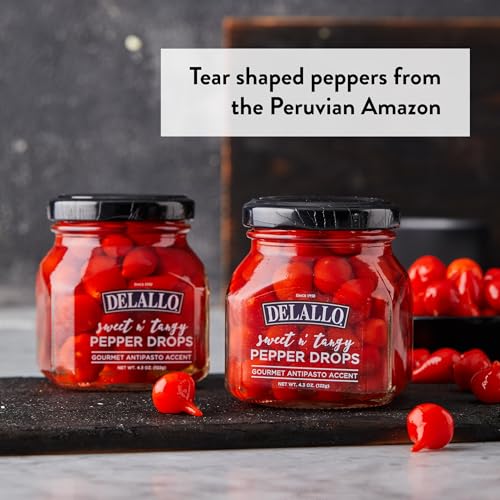 DeLallo Sweet & Tangy Pepper Drops, Red Peruvian Mini Peppers in Zesty Vinegar Marinade, Gourmet Condiment for Charcuterie and Salads, Non-GMO, Vegan
