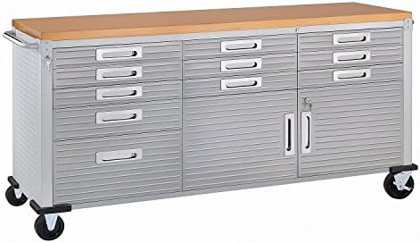 Seville Classics UltraHD Heavy Duty Rolling Cabinet Workbench Table w/Solid Wood Top, Workstation for Garage, Warehouse, Office, Workshop, 77" W x 20" D x 37.5" H, Graphite, 11-Drawer