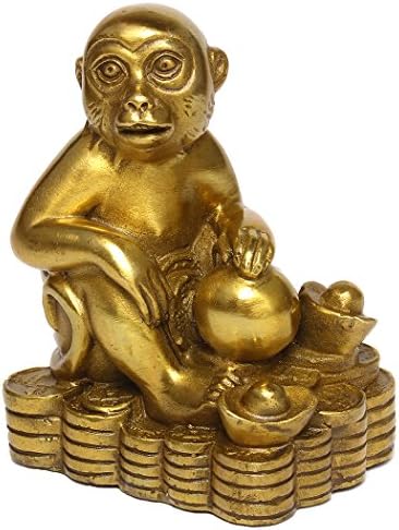 Brass Zodiac Monkey Statue, Chinese Feng Shui Decor for Wealth Luck | Golden Money Monkey Figurine, Home Desk Office Decor, Career & Wealth Decor