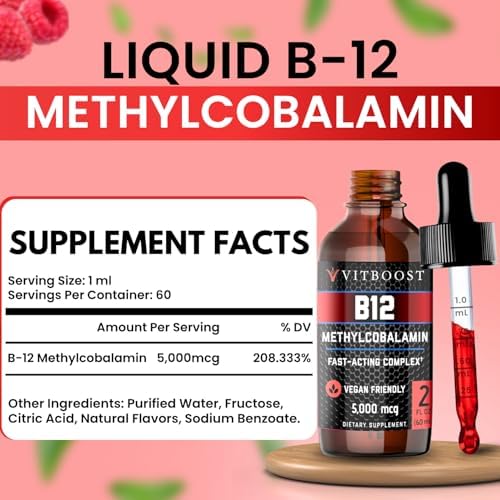 VITBOOST Vitamin B12 Liquid Drops - 60 x 5000 mcg Vegan B12 Sublingual | Extra Strength Raspberry Flavored Methylcobalamin B-12 Supplement Designed