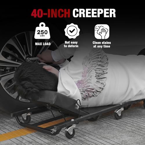 BIG RED TR6452 Torin Rolling Garage/Shop Creeper: 40" Padded Mechanic Cart with Adjustable Headrest and 6 Casters, Red