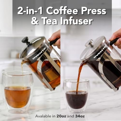 OVENTE French Press Coffee Maker, 34oz BPA-Free Cold Brewer, Clear FGC34T | Heat Resistant Borosilicate Glass, 4-Level Filter System, Stainless Steel Plunger, Cafetera Tea Pot for Kitchen Travel Gifts