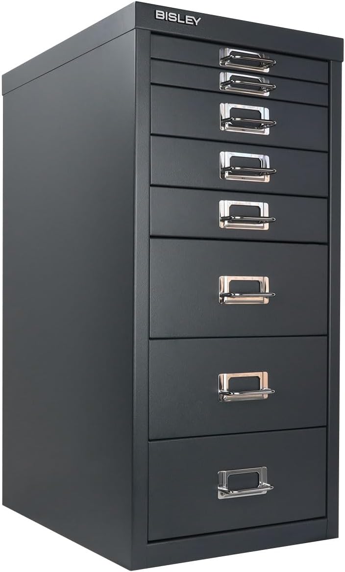 5-Drawer Steel MultiDrawer Cabinet - Orange, by Bisley | Chrome Pull Handles with Label Holders, Powder-Coated Steel, Removable Drawers, Desktop Storage, Labels Included