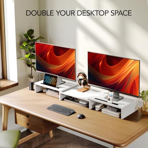 AMERIERGO Dual Monitor Stand Riser- 3 Shelf Screen Stand with Adjustable Length and Angle, 2 Extra Functional Slot Desktop Organizer Stand for PC