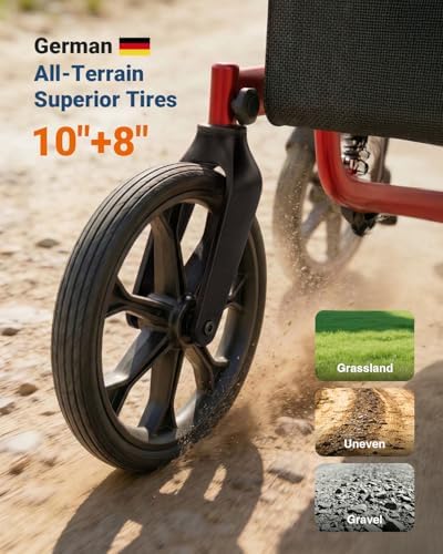 Foldable Rollator Walkers with Seat for Seniors, All Terrain Outdoor（Red | Patented Shock-Absorbing,Tool-Free Adjustment,350 lbs Capacity, 10″ Solid Wheels,16.3lbs Lightweight, Fit 61"-74" Tall User