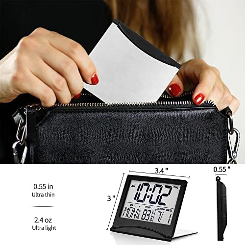 Betus Digital Travel Alarm Clock - Foldable Calendar Temperature Timer LCD Clock with Snooze Mode - Large Number Display, Battery Operated - Compact Desk Clock(Silver, No Backlight)