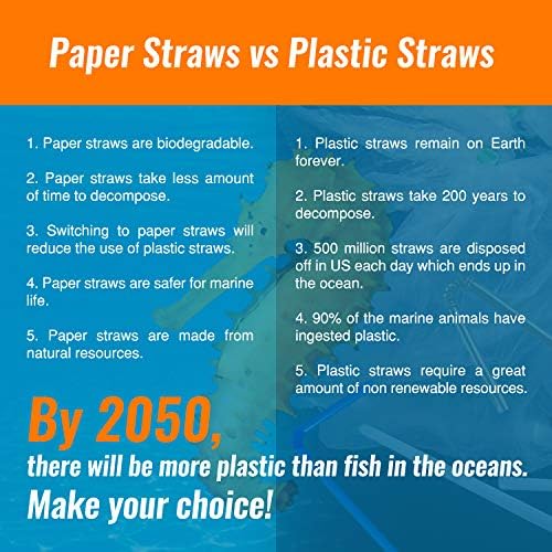 Paper Straws Disposable - 200 Pack - Durable & Non-Soggy Striped Paper Straws for Drinking in 10 Colors - 100% Biodegradable & Eco-Friendly for