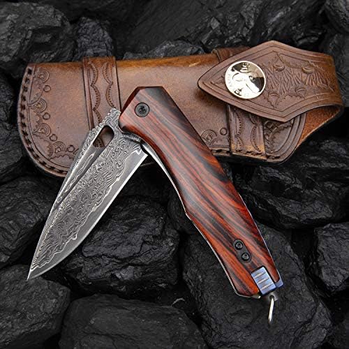 Damascus steel multifunctional EDC folding knife with self assembling pocket clip, lining lock, leather sheath, one piece disassembly pocket knife