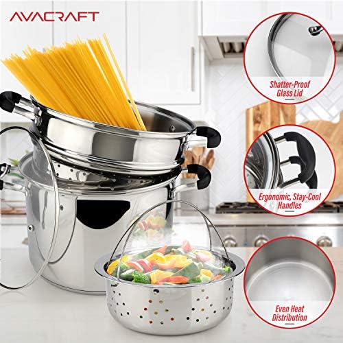 AVACRAFT 7 Quart 18/10 Stainless Steel 4 Piece Pasta Pot Set