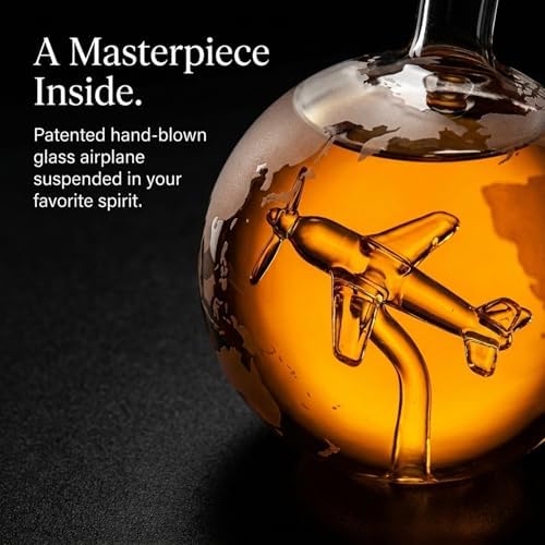 Godinger Whiskey Decanter Airplane Globe Set with 2 World Whiskey Glasses - for Liquor Scotch Bourbon Vodka