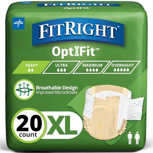 FitRight Adult Diapers, Extra Heavy Absorbency, XL (Waist Size 56in-64in), 80 Count, OptiFit Incontinence Briefs for Men and Women, Disposable, Moisture Wicking, Leak Protection,