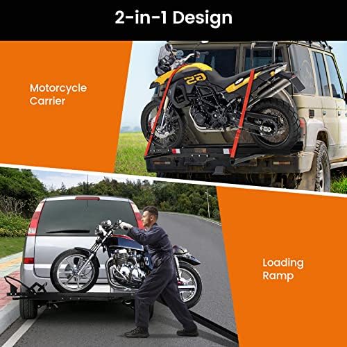 Goplus Motorcycle Hitch Carrier, 600LBS Motorcycle Carrier Hitch Mount with 2 Straps, Loading Ramp, Dirt Bike Trailer, Heavy Duty Motor Cycle Rack