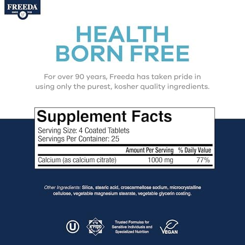 FREEDA Calcium Citrate 1000mg Supplement for Bone Support – 250 Tablets | Supports Bone Strength, Teeth, & Muscle Function – Highly Absorbable Calcium Formula – No Vit D, Vegan, Kosher, Made in USA