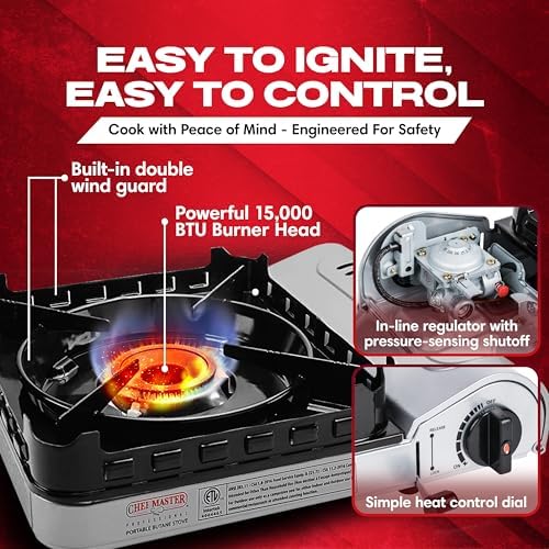 Chef Master 15,000 BTU Butane Portable Camp Stove | Double Wind-Guard Portable Stove Burner w/Piezo Click Ignition for Emergencies, Tailgating, Hiking, Backpacking & Camping Essentials - 90019