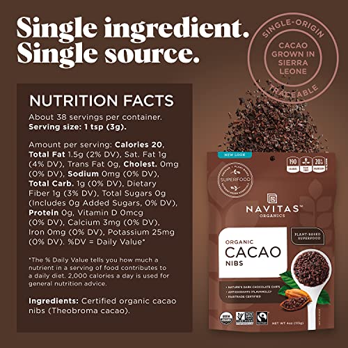 Navitas Organics Cacao Nibs – Unsweetened Dark Chocolate Crunch – Antioxidants, Minerals, Fiber – For Trail Mix, Baking & More – USDA Organic, Fairtrade, Non GMO, Gluten Free, Non-alkalized (8oz. Bag 76 Servings)