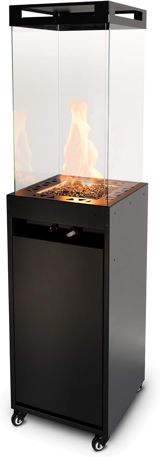 Planika Faro 41, 000 BTU Propane Patio Heater 59" Modern Freestanding Glass Tower with Wheels, Smokeless 360° Flame