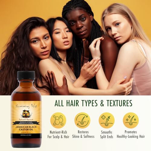 Sunny Isle Jamaican Black Castor Oil 4oz, Original, Authentic | Moisturizing JBCO for Hair Growth, Scalp Care, Edges, Eyebrows & Eyelashes, Conditioning for Dry Skin, Unscented