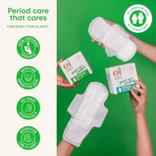 Oi | Organic Initiative - Ultra Thin Pads with Wings, 20 Count (10 Regular/10 Super) | 100% Certified Organic Cotton Pads, Unscented | Leak Free, Biodegradable Thin Pads for Women | Non-GMO, Non Toxic