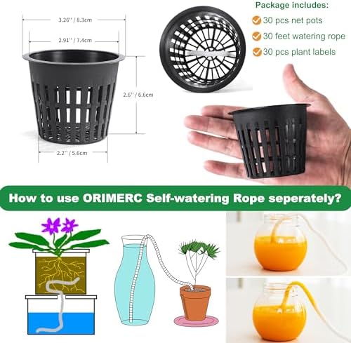 ORIMERC 30 Pack 3 inch Net Cup Pots with 30 feet Hydroponic Self Watering Wick & 30 Plant Labels Aquaponics Mason Jar Bucket Insert Orchid kratky Vegetable Gardening Growing Netted Basket Slotted Mesh