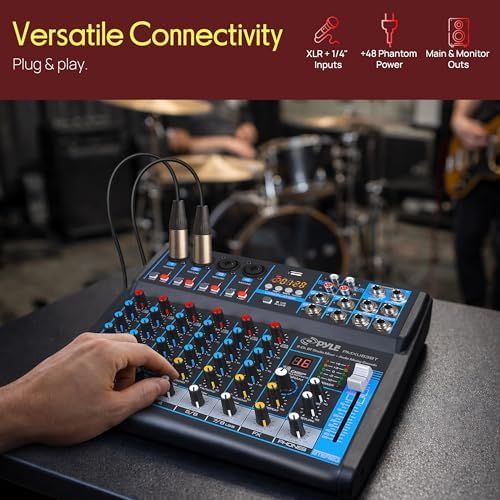 Pyle 8 Channel DJ Audio Mixer, Bluetooth, DSP FX, USB, Audio Interface | +48V Phantom Power, 16Bit DSP Processor, USB-A MP3 Player