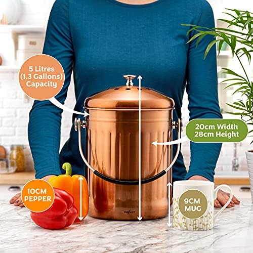 RED FACTOR Premium Compost Bin for Kitchen Countertop - Stainless Steel Food Waste Bucket with Innovative Dual Filter Technology - Includes Spare