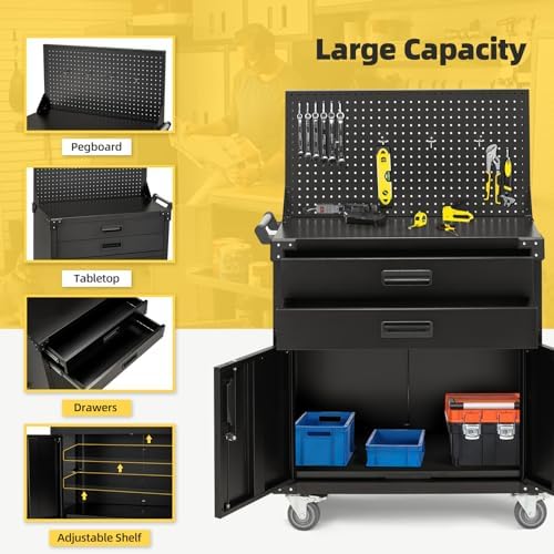 52'' Work Bench for Garage with Pegboard Drawers and Cabinets Heavy Duty Metal Frame Tool Bench for Shop Kitchen Cabinets Organizer Work Table with