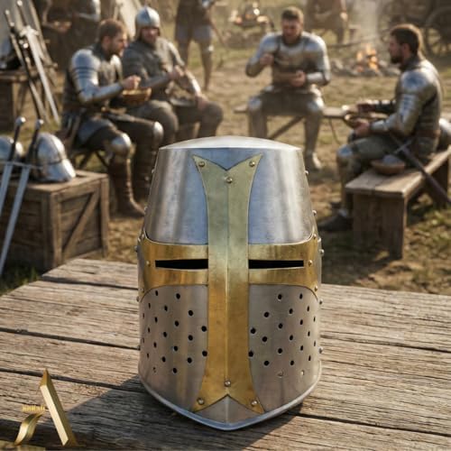 AnNafi® Brass Crusader Helmet | Medieval Metal Knight Helmets | PREMIUM QUALITY with Fitted LEATHER LINER | Dark Crusades Helmet Wearable for Adult