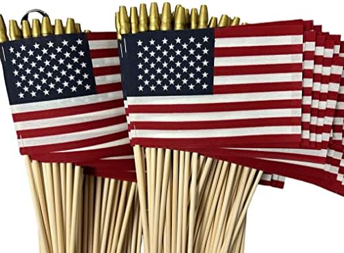 Lot of -100-4x6 Inch US American Hand Held Stick Flags With Spear Tip Cotton Blend Made in USA