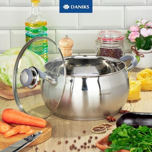 Daniks Modern 4 Quart Stainless Steel Stock Pot with Glass Lid, Tri-Ply Bottom for Even Heating, Induction Compatible, Dishwasher Safe