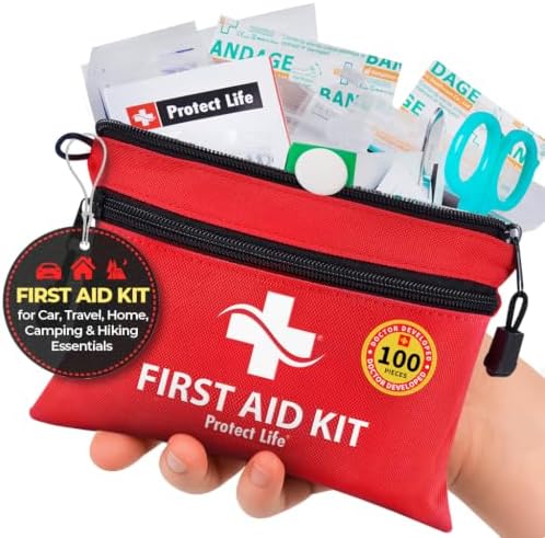 Protect Life Travel First Aid Kit for Car - Small Mini Emergency Kit, 100 Piece Waterproof First Aid Kit for Home, Camping, Boat & Hiking - Includes Emergency Blanket & First Aid Guide
