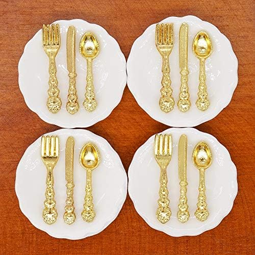 Odoria 1/12 Miniature Plates and Silverware Knife Fork Spoon Set Dollhouse Accessories, Silver