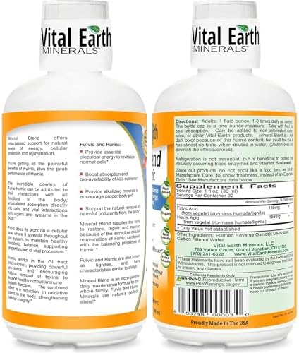 Vital Earth Minerals Fulvic Humic Mineral Blend Liquid 2-Pack – Fulvic Acid Supplement with 70+ Trace Minerals, Electrolytes for Recovery, Balance & Energy, 32 Oz Ea + 1 Oz Cup Ea