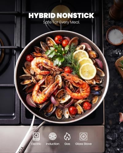 Nonstick Frying Pans,12 Inch Commercial Baking Pan Skillet with Lid | Hybrid Stainless Steel, PFOA-Free, Dishwasher & Oven Safe,Induction Compatible