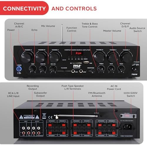 Pyle Bluetooth Wireless Home Amplifier System - Upgraded 6 Channel Audio, 750 Watt Power, Easy Karaoke, Stereo Receiver w USB-A, Micro SD, Headphone