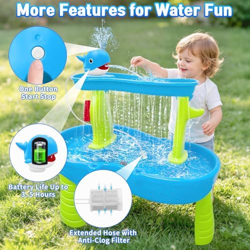 Water Table Pump, Rechargeable Water Pump for Water Table, 3.5 Hours Non-Stop Whale Pump with Sprinkler Outdoor Games Water Toys for Kids Toddlers, Outside Water Play Table Accessories (Blue)