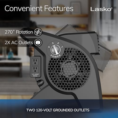 Lasko High Velocity Fan, 15", 375 CFM, Professional Utility Pivoting Blower Fan with 3 Speeds, 2 Accessory Outlets, 120V, Black, Model U15617
