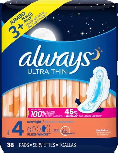 Always Ultra Thin Feminine Pads for Women with WIngs, Size 4, Overnight Absorbency, Unscented, 36 Count
