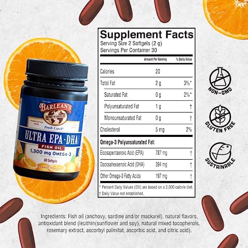 Barlean's Orange Omega-3 Fish Oil Softgels, 1300mg EPA & DHA, 60ct | Wild-caught fish oil, Ultra-high potency EPA DHA omega-3, Burpless, Non-GMO