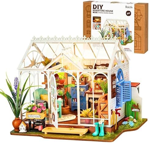 Rolife Cathy's Greenhouse Miniature Kit with LED Lights | 1:18 Scale Flower House Wooden 3D Puzzle Model Kit for Beginners DIY Craft for Adults Diorama Home Decor & Birthday Gift