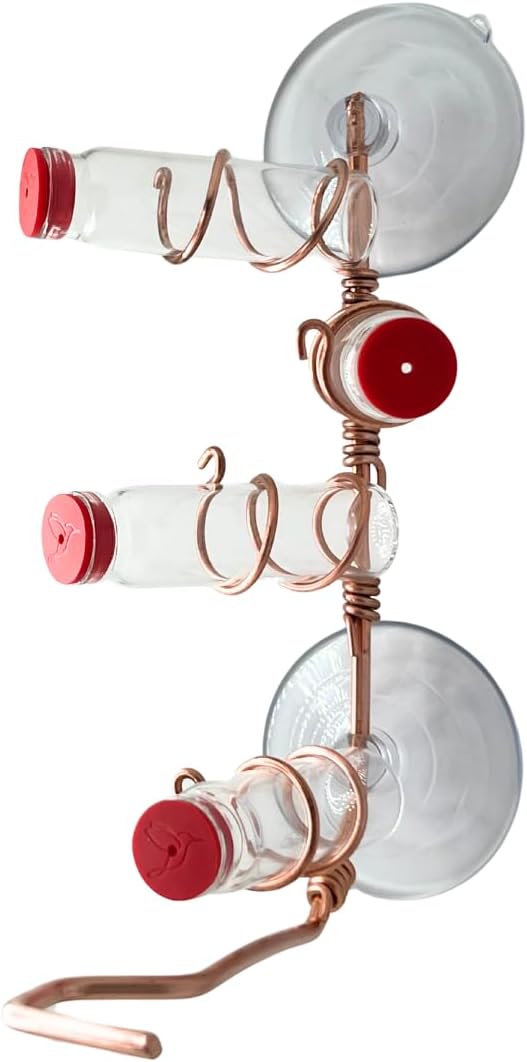 Window Hummingbird Feeder | Handcrafted Copper and Aluminum | Multiple Stations | Modern Hummingbird Feeder | Glass Bottles | Suction Cups (Copper, Four Station)