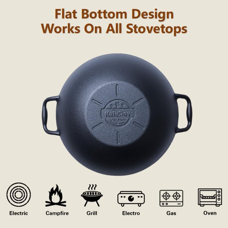 Flat Bottom Cast Iron Wok with Lid 14 Inch,Pre-Seasoned Non Toxic Cast Iron Kadai,Chinese Japanese Wok double handle for Induction and Open Fire