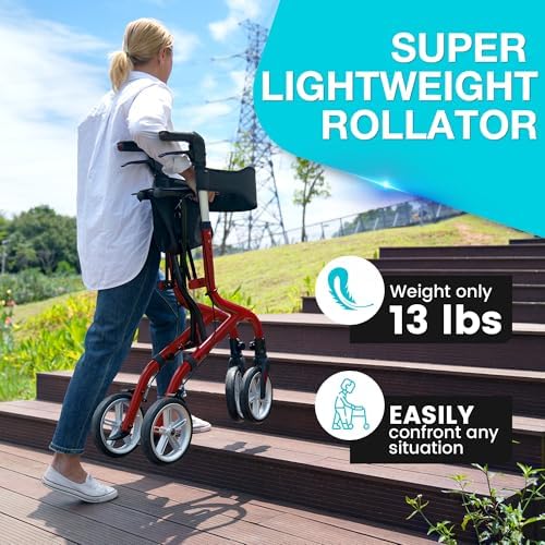 PLANET WALK Super Lightweight Rollator Walker for Seniors, Foldable Rolling Walker with Seat and 8" Rubber Wheels for All Terrain, Unique Design Aluminium Frame Sturdy Walkers for Traveling - Blue