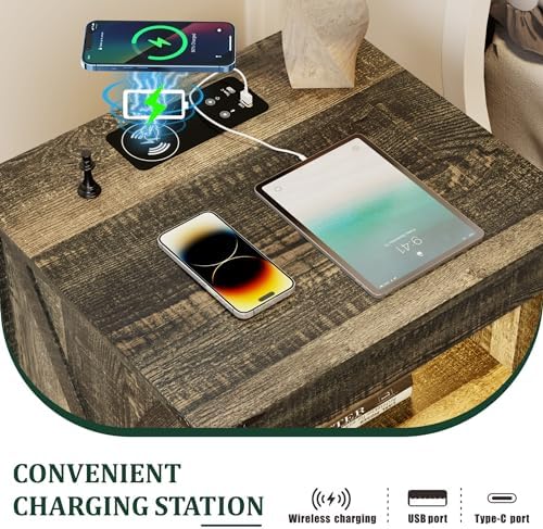 LED Night Stand with Gun Drawer & Charging Station | Human Sensor Lights, Hidden Storage, Farmhouse Rattan Style, 3 Drawers, Bedside Table for Bedroom, End Tables Livingroom