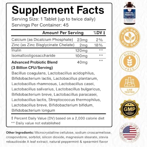 Oral Probiotics for Teeth and Gums - 3BN CFU Lactobacillus Salivarius Acidophilus Rhamnosus Streptococcus - Bad Breath Treatment for Adults - 45