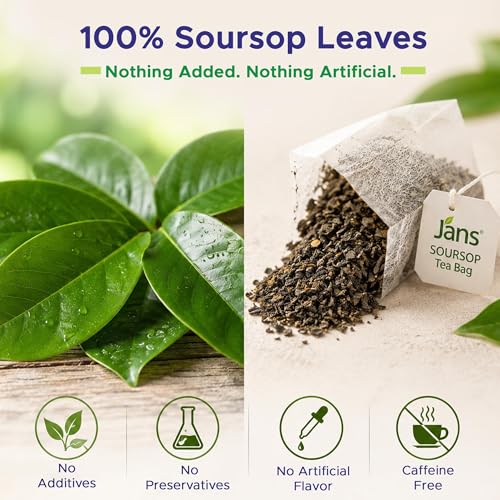 Jans Soursop Tea Bags 25 Count | 100% Natural Soursop Leaves | Caffeine Free Sour Sop Tea | Vegan Herbal Tea | Individually Wrapped Tea Bags | Cholesterol Free Sugar Free Relaxation Beverage