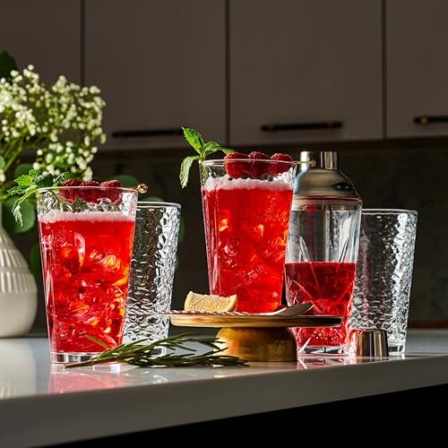 Le'raze Set of 10 Hammered Glass Cups, Clear Heavy Base Drinking Glasses | 16oz, Stackable, Durable, Dishwasher Safe, Freezer Safe, Non Slip