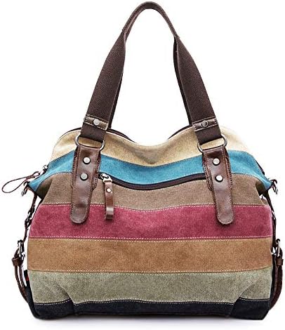 Canvas Handbag Multi-Color Striped Lattice Cross Body Shoulder Purse Bag Tote-Handbag for Women